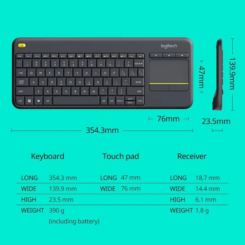 لوحة مفاتيح Logitech K400Plus لاسلكية، لوحة لمس، مناسبة للتلفزيون الذكي أندرويد والكمبيوتر المحمول - 5