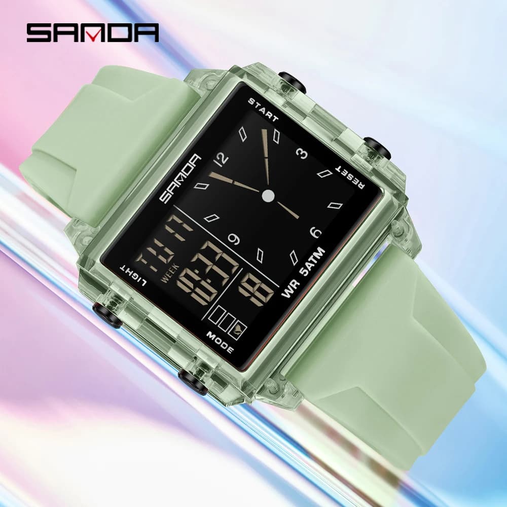 SANDA 6273 Wristwatch Square Dual Time Man Electron Analog Watch for Men Women Waterproof Count Down Timer Digital World Time - 4