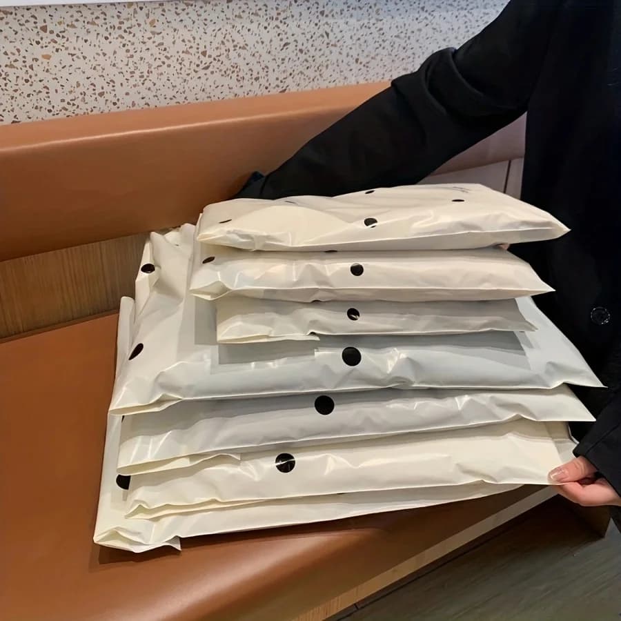 10 قطع أكياس تسليم سريع منقطة باللون البيج، أكياس تغليف هدايا وملابس، أكياس تخزين بلاستيكية مقاومة للماء - للمكتب - 6