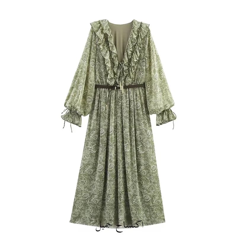 Spring New Arrival Women's Long Sleeve Print V-neck Dress Belted Layered Decoration Elegant A-line Skirt for All Seasons