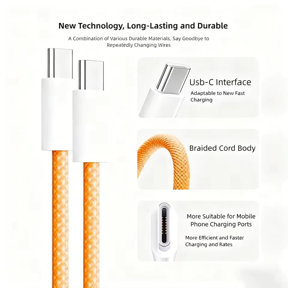3 قطع كابل USB C إلى USB C بقوة 240 واط يدعم الشحن السريع لهواتف آيفون 17/16/15 وسامسونج وهواوي وشاومي وغيرها - 5