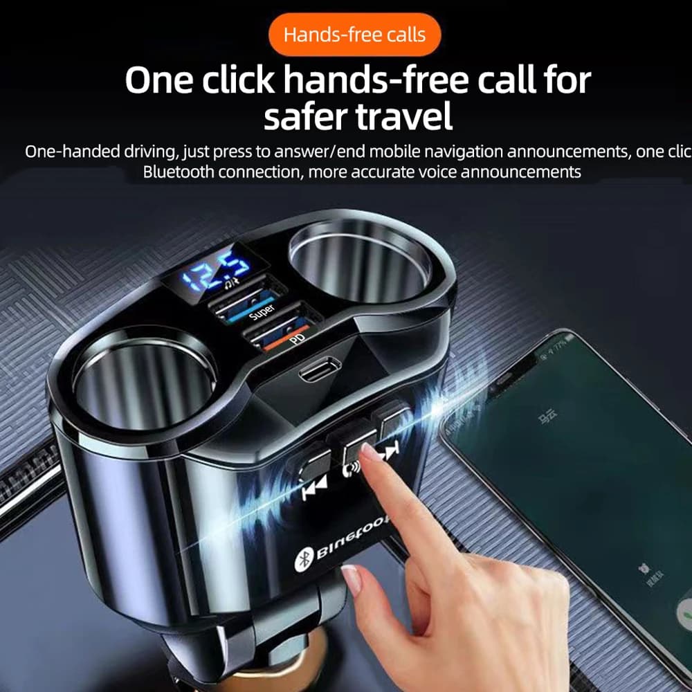 مرسل FM بلوتوث للسيارة مع ولاعة سجائر وشاحن مزدوج USB للشحن السريع، شاشة LED، متوافق مع 12V-24V - 5