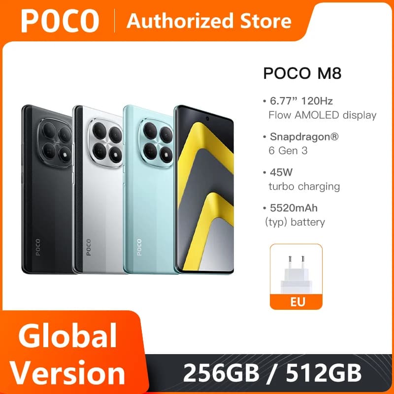 هواتف محمولة POCO M8 5G إصدار عالمي معالج Snapdragon® 6 الجيل 3 شاشة 6.77 بوصة Flow AMOLED بطارية 5520 مللي أمبير شحن 45 واط NFC