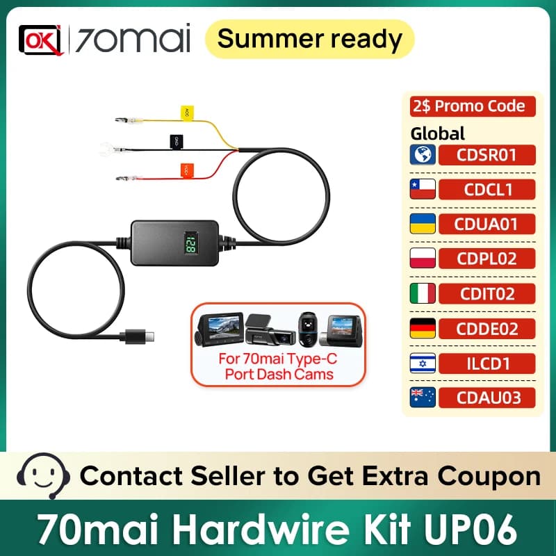 70mai Hardwire Kit UP06 Parking Surveillance Cable for 70mai Type-C Port Dash Cams Support Real-time Voltage Display