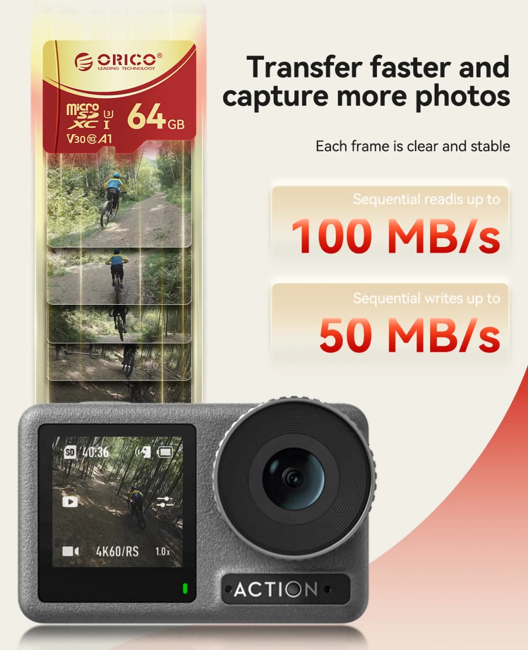 بطاقة ذاكرة ORICO 64GB microSDXC UHS-I، 180MB/s، تسجيل 4K UHD، U3، Class10، V30، A1، مايكرو إس دي لكاميرا الأكشن وكاميرا السيارة - 4