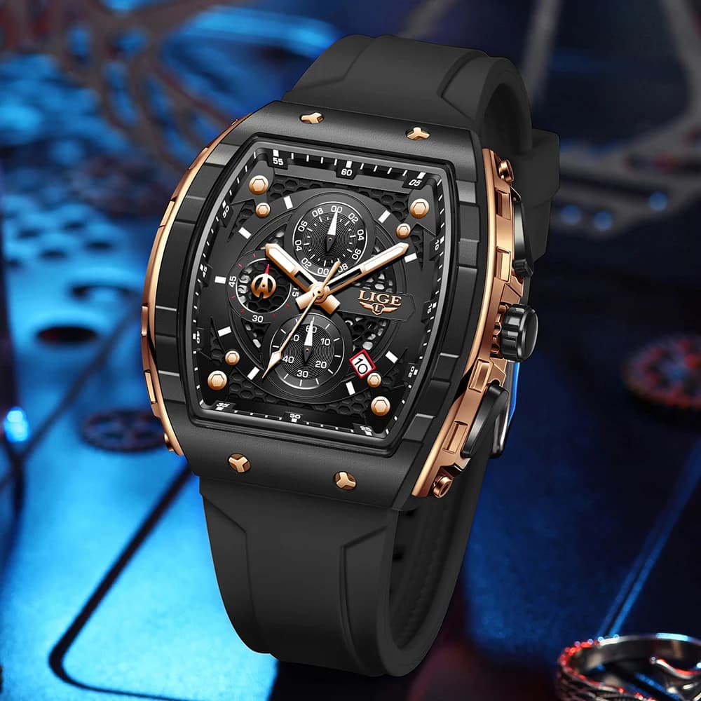 LIGE Men Watches Top Brand Luxury Square Silicone Watch For Men Fashion Military Quartz Waterproof Chronograph Relogio Masculino - 2