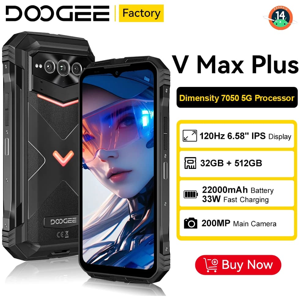 هاتف DOOGEE V Max Plus المتين، شاشة 6.58 بوصة، معالج Dimensity 7050، ذاكرة 36 جيجابايت + 512 جيجابايت، بطارية 22000 مللي أمبير، كاميرا 200 ميجابكسل، نظام أندرويد 14