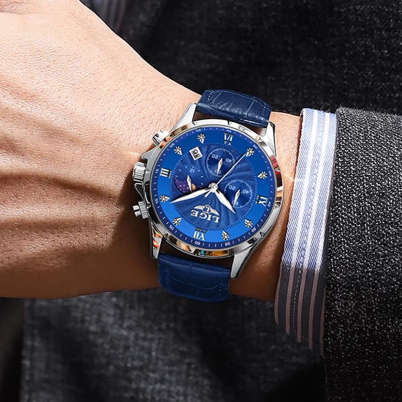 LIGE Blue Leather Watch Men Fashion Business Military Watches For Men Waterproof Sport Men's Quartz Wristwatch Relojes Hombre - 5
