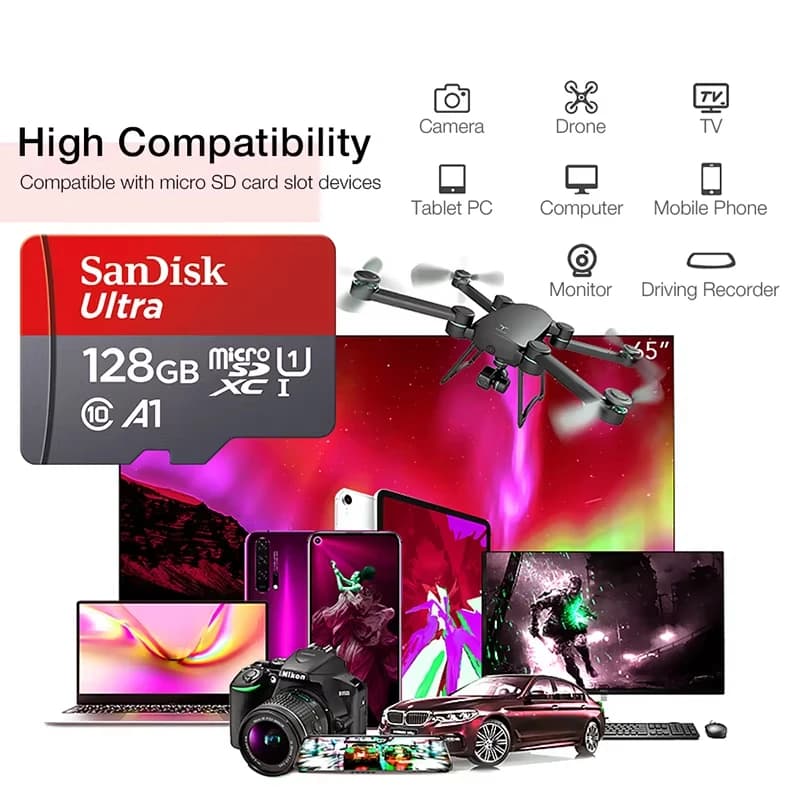 بطاقة ذاكرة Sandisk TF SD MicroCard بسعة 512 جيجابايت و256 جيجابايت و128 جيجابايت و64 جيجابايت و32 جيجابايت، بطاقة ذاكرة TF micro sd، فئة A1-10 UHS-1 - 4