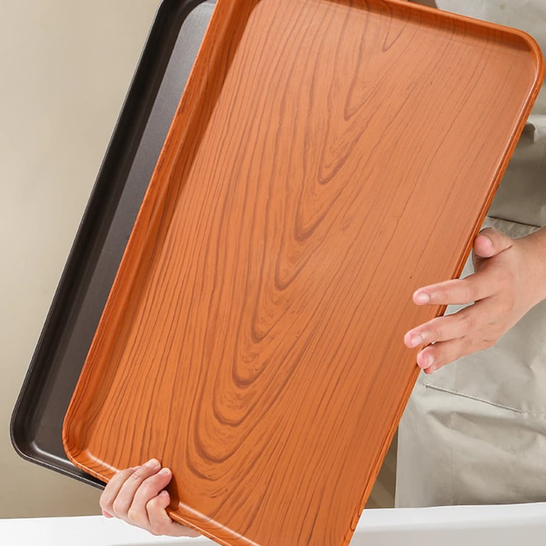 صينية تقديم طعام بلاستيكية بملمس خشبي، صينية حلويات وفاكهة قابلة للتركيب، صينية شاي، صينية تخزين سعة كبيرة، منظم تخزين المطبخ - 5