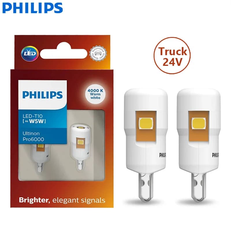 مصابيح إشارة LED داخلية للشاحنات فيليبس 24V Ultinon Pro6000 T10 W5W، إضاءة بيضاء دافئة 4000K، مصباح قراءة لوحة 24961WU60X2