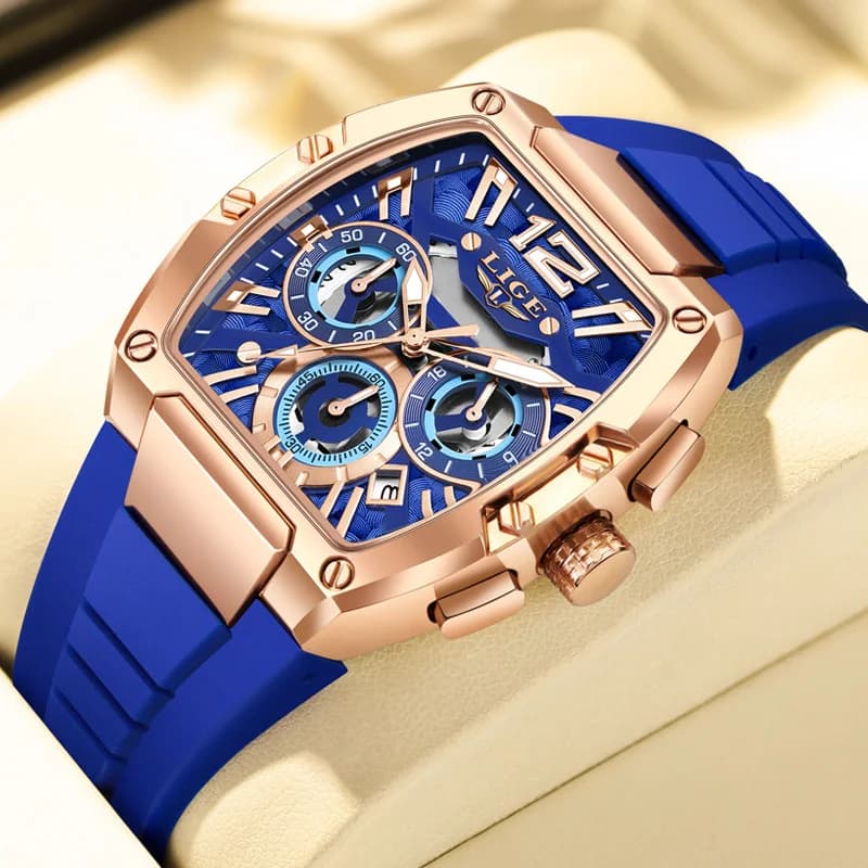 2025 LIGE New Men's Watch Multi Functional Quartz Rectangular Golden Sports Clock Casual Fashion Silicone Strap Men Watch+Box