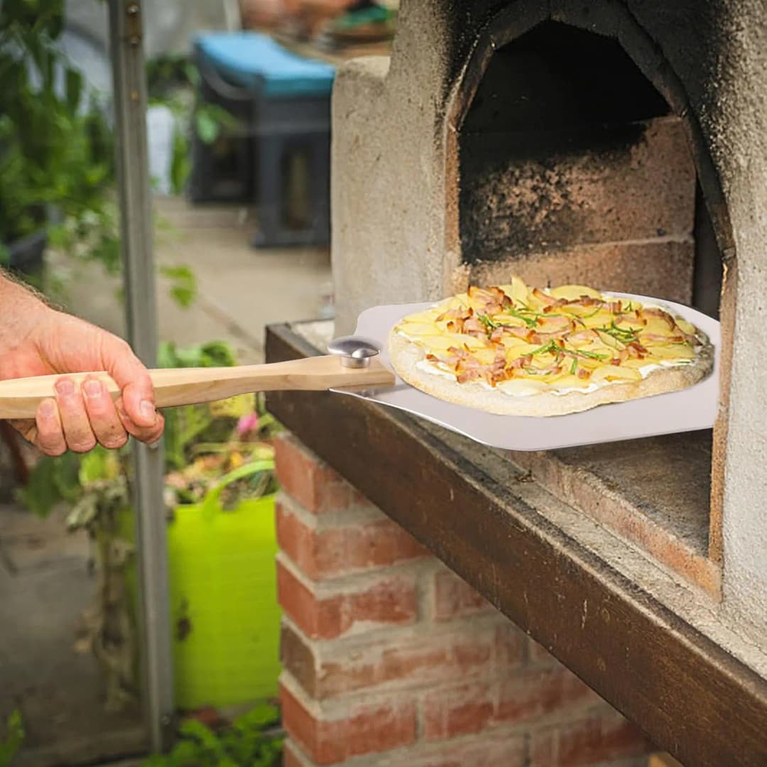 ملعقة مجرفة بيتزا معدنية من الألومنيوم مع مقبض خشبي قابل للطي، صينية نقل لرفع الكيك والفرن غير لاصقة، خبز محلي الصنع - 4