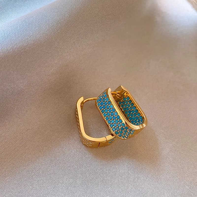 2025 New Plated 18K Gold Color Geometric U-shaped Ear buckle Luxury Blue Crystal Inlaid Earrings For Women's Trendy Jewelry Set - 5