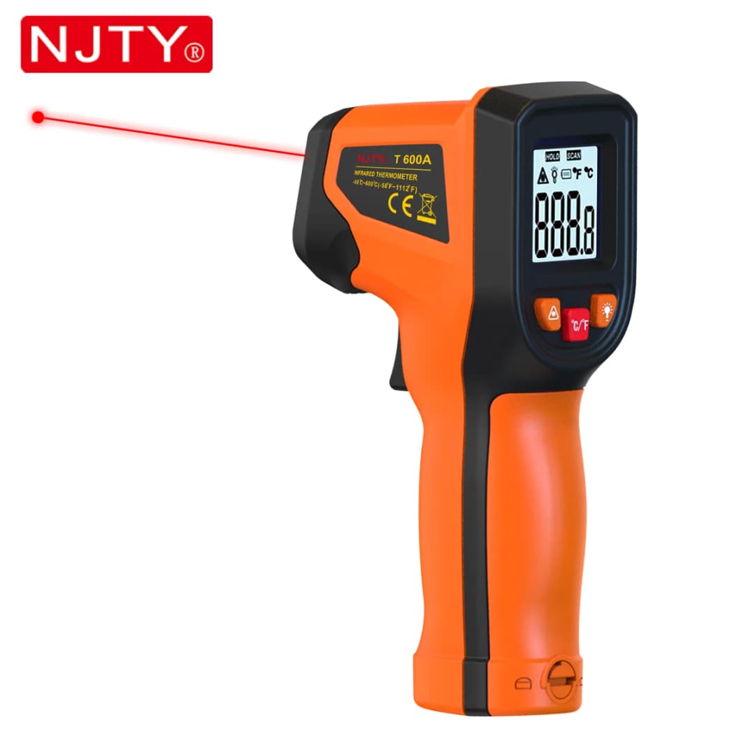 مسدس ميزان حرارة رقمي NJTY T600/T600A بالأشعة تحت الحمراء، نطاق قياس من -58°F إلى 1112°F (-50°C إلى 600°C) مع ليزر صناعي احترافي
