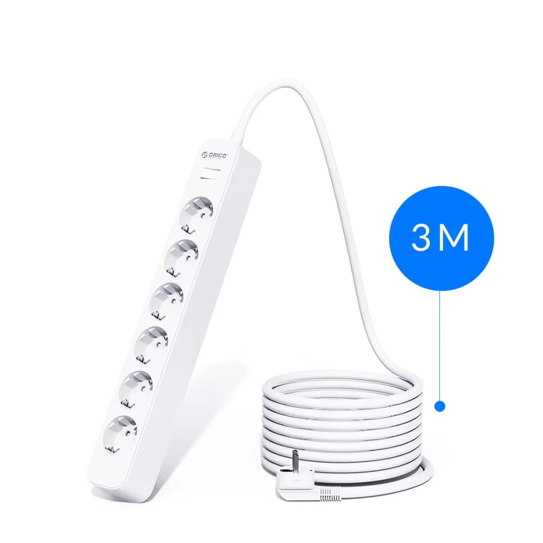 شريط طاقة ORICO 6AC بقوة 2500 واط مع كابل تمديد 3 أمتار ومقابس كهربائية متعددة مع واقي من ارتفاع التيار ومرشح شبكة