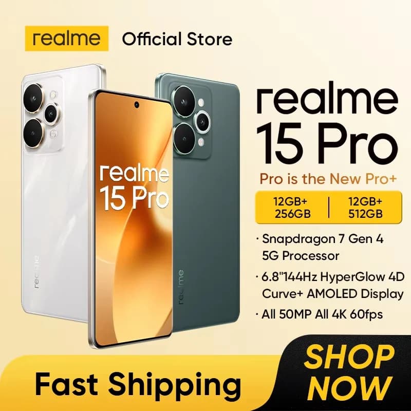 هاتف realme 15 Pro 5G شريحة Snapdragon 7 Gen 4 بطارية 7000mAh شحن 80W شاشة 6.8" 144Hz 4D Curve+ كاميرا ثلاثية 50MP