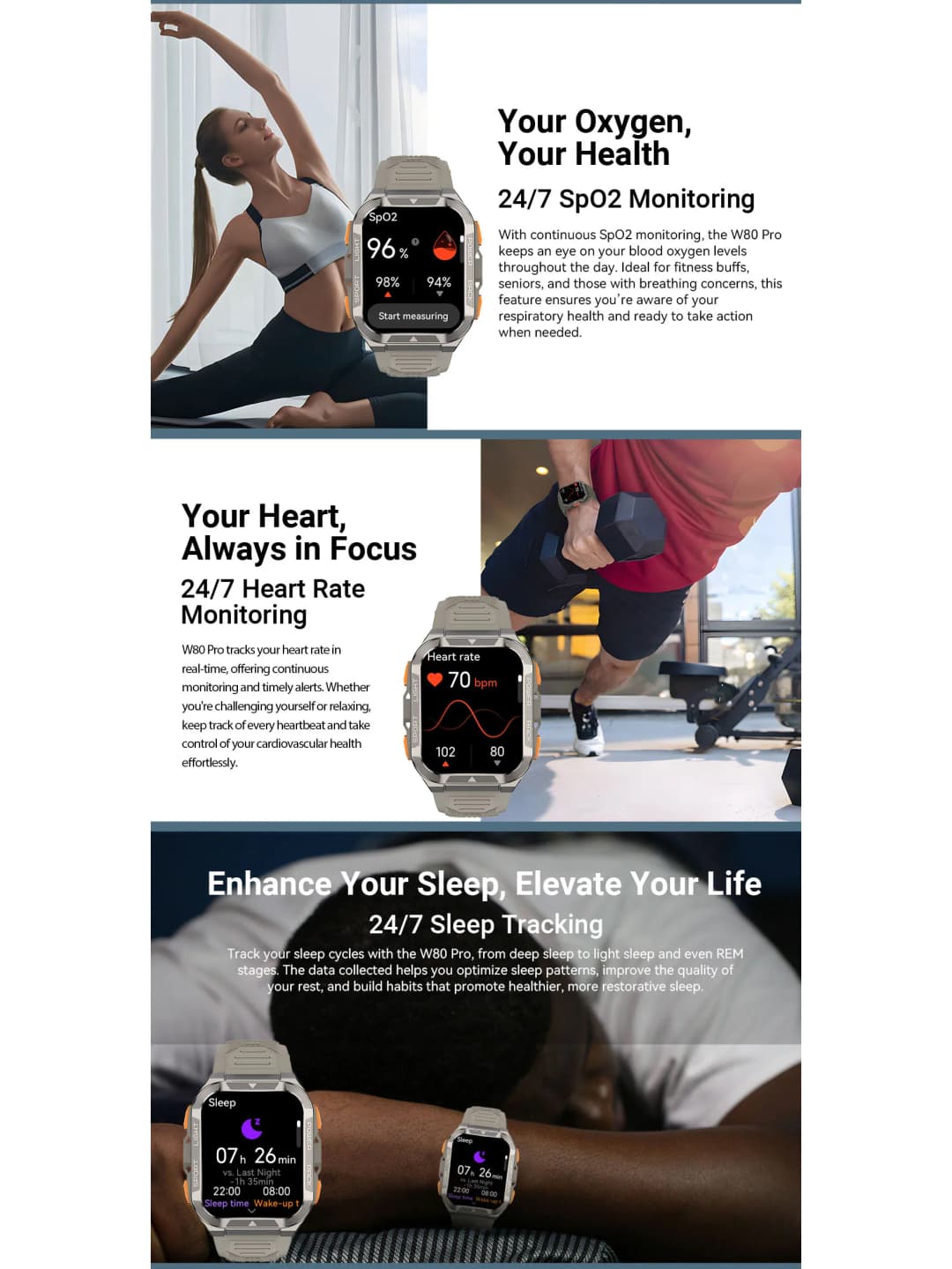 Blackview W80 PRO GPS Sports Watch, 900mAh Battery Rugged Smartwatch with Compass, Health Monitoring, LED Flashlight, Calling - 6