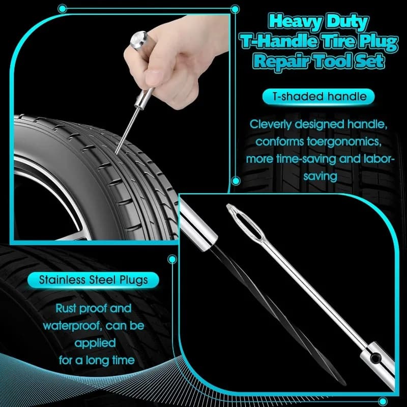 Heavy Duty Plug Kit Stainless Steel T Handle Set Bicycles Repair Puncture Tool Spiral Probe Split Eye Needle Tire Repair Set - 5