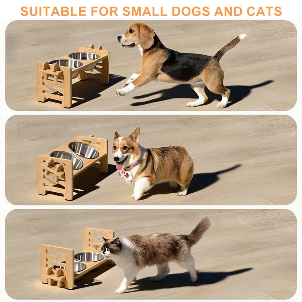 Elevated Puppy Bowls Food Mat Raised Dishes Food and Water Feeder 15° Tilted Stand 2 Stainless Steel Bowls for Small Dogs Cats - 4
