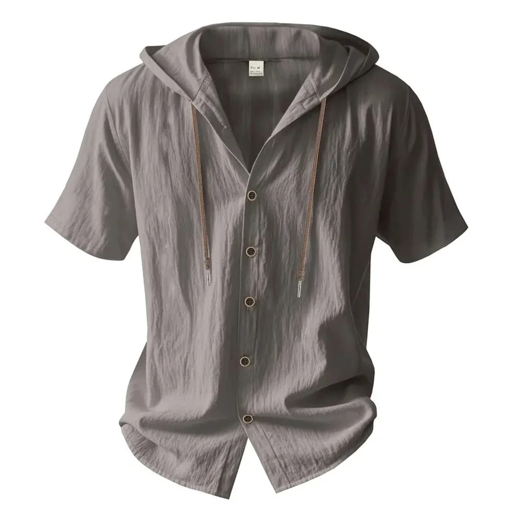 Cotton Linen Shirt for Men Hooded Short Sleeve Solid Color Breathable Lightweight Drawstring Design Shirts Casual Basic Tees - 3