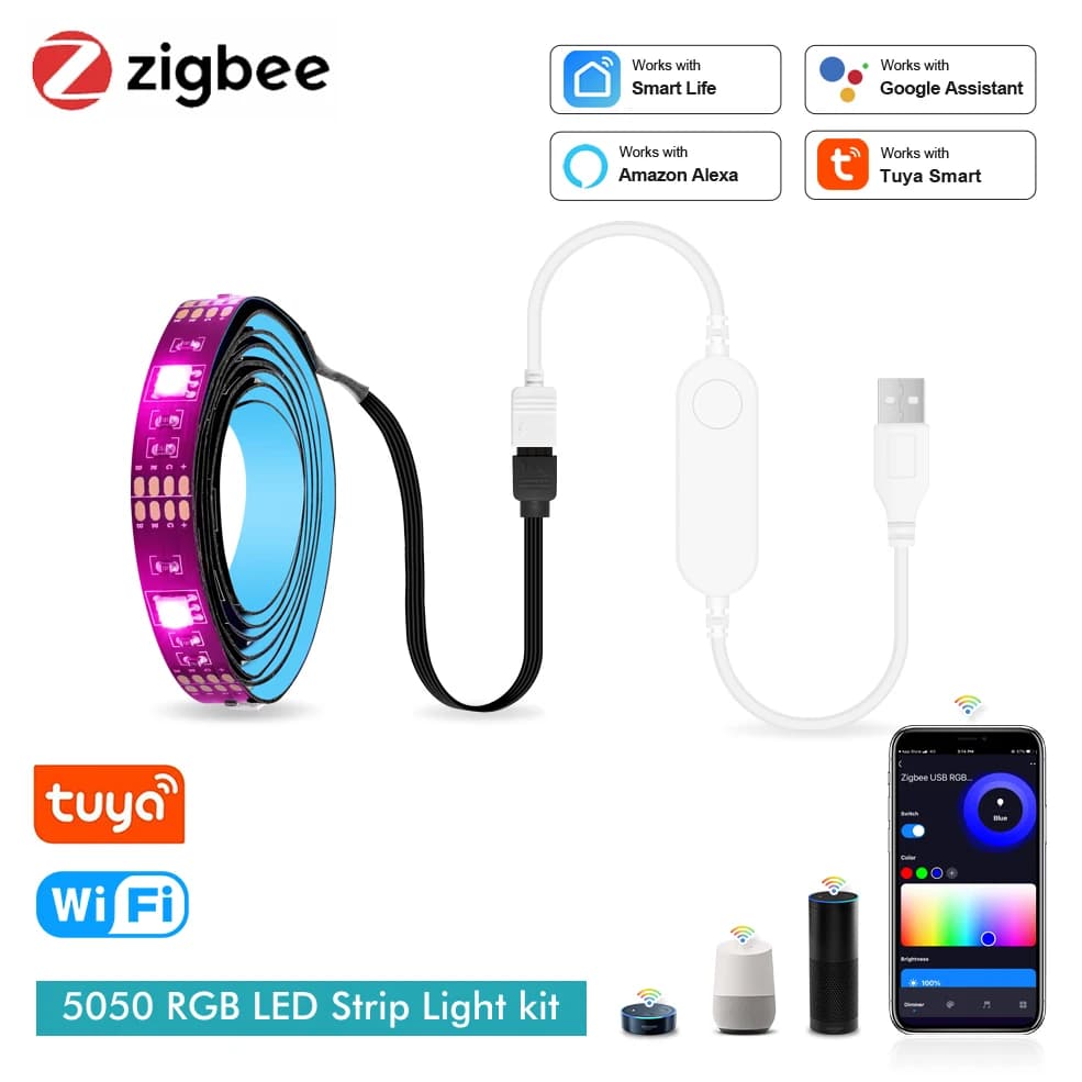إضاءة LED ذكية Zigbee USB مع شريط LED RGB Tuya Wifi DC5V 5050 لإضاءة خلفية التلفزيون متوافق مع Alexa وGoogle Home