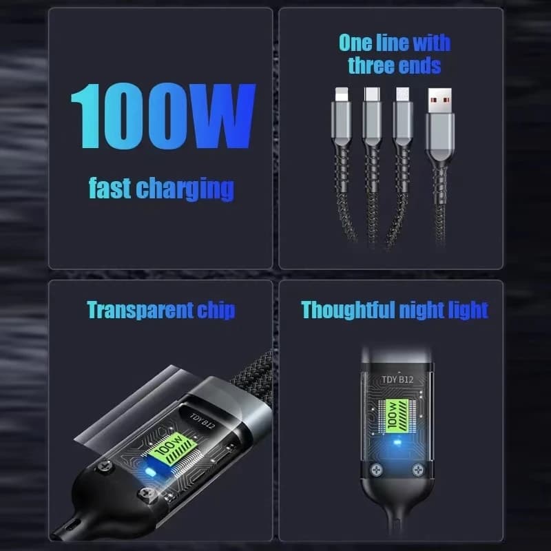 كابل شحن سريع شفاف 3 في 1 100 واط Type C USB Micro لهواوي أوبو فيفو سامسونج شاومي شاحن مصباح طيار USB C 6A - 6