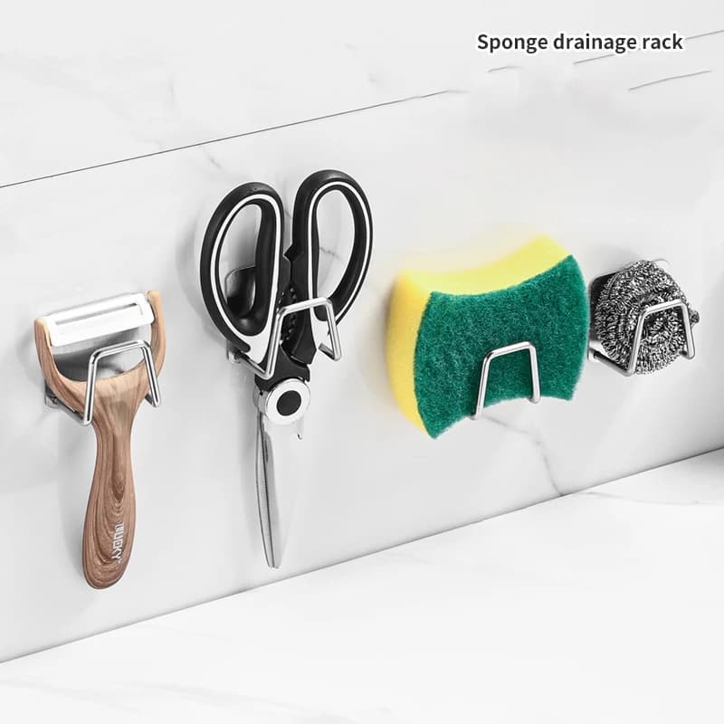 Kitchen Stainless Steel Sink Sponges Holder Self Adhesive Drain Drying Rack Kitchen Wall Hooks Accessories Storage Organizer - 3