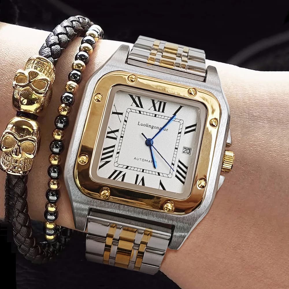 ساعة رجالية ميكانيكية عالية الجودة بتصميم مربع، لف تلقائي، هيكل عظمي، سوار من الفولاذ المقاوم للصدأ، مع عرض التقويم، سلسلة دبابة بأسلوب أوروبي وأمريكي، ساعة أنيقة وعصرية للرجال، هدية مثالية للحبيب في عيد الحب - 6