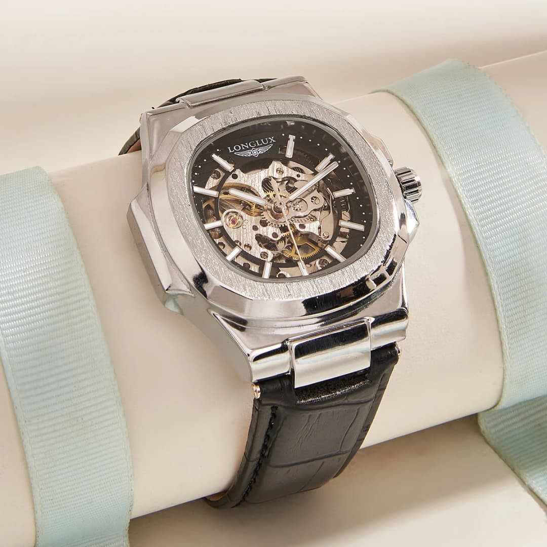 ساعة يد رجالية أوتوماتيكية ميكانيكية من لونجلوكس، تصميم بسيط فاخر، مقاومة للماء، هيكلية، حزام جلدي، هدية مميزة