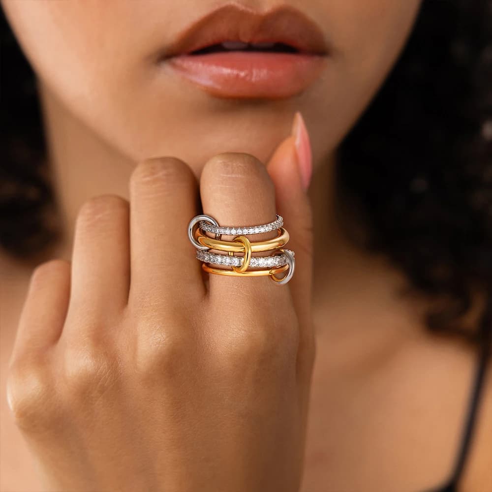 Luxury Cubic Zirconia Gold Plating Multilayer Connecting Rings for Women Fashion Mixed Color Stackable Finger Ring Party Jewelry - 2