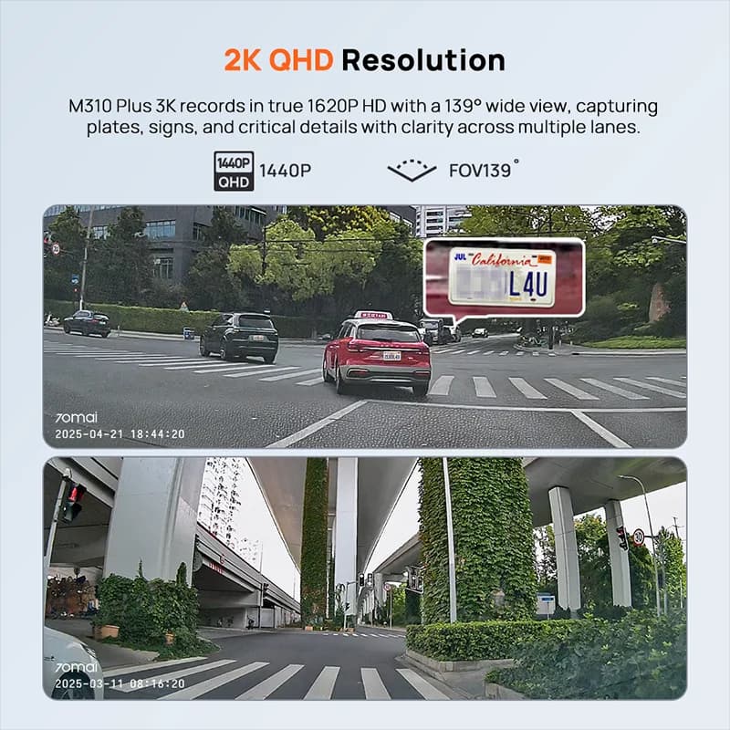 كاميرا سيارة 70mai M310 بلس 2K مع التحكم الصوتي باللغة الإنجليزية 1440P ومدى ديناميكي عالي للرؤية الليلية ومراقبة مواقف السيارات على مدار 24 ساعة وواي فاي 6 - 2