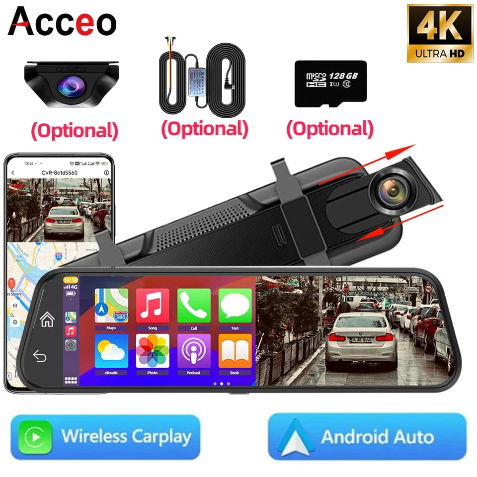 كاميرا سيارة 4K مع واي فاي ودعم كاربلاي وأندرويد ونظام تحديد المواقع ومراقبة وقوف السيارات على مدار 24 ساعة ورؤية ليلية عالية الدقة