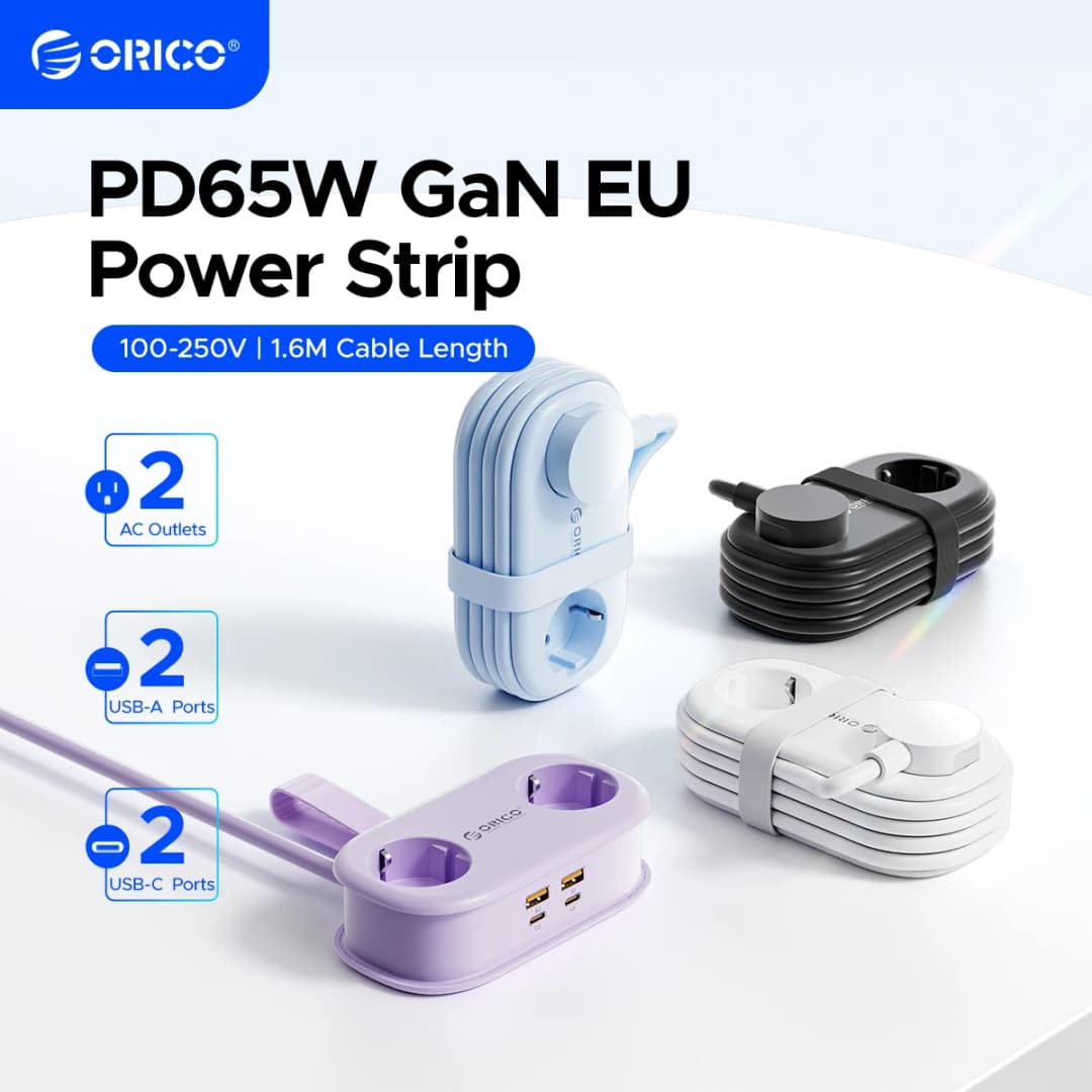 ORICO Cable-Wrap Portable Travel Power Strip 65W GaN Fast Charging Station with 2 AC Outlets 2 USB 2 Type-C EU Plug Adapter Home