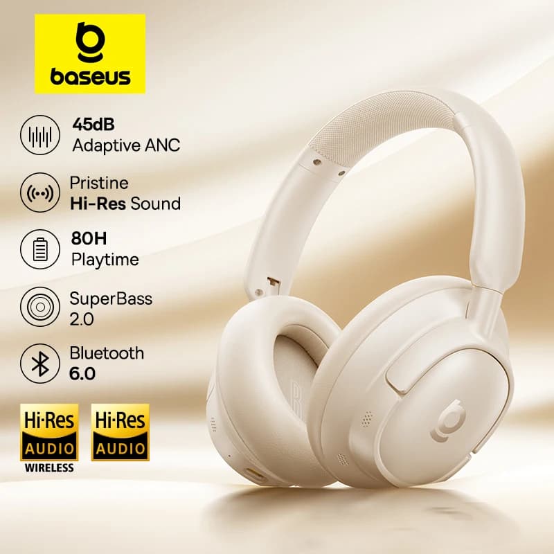 سماعات رأس لاسلكية Baseus Bowie H1s بتقنية Bluetooth 5.4، إلغاء ضوضاء 46dB، سماعات أذن فوق الأذن، صوت عالي الدقة، صوت مكاني، عمر بطارية 120 ساعة