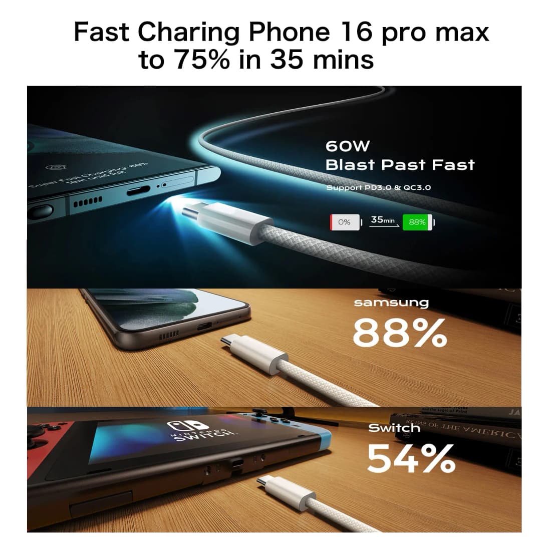 Original USB-C Cable For iPhone 17 16 15 Pro Max PD 60W Fast Charging cord For Huawei Xiaomi Samsung Google Type C Weaving wire - 3