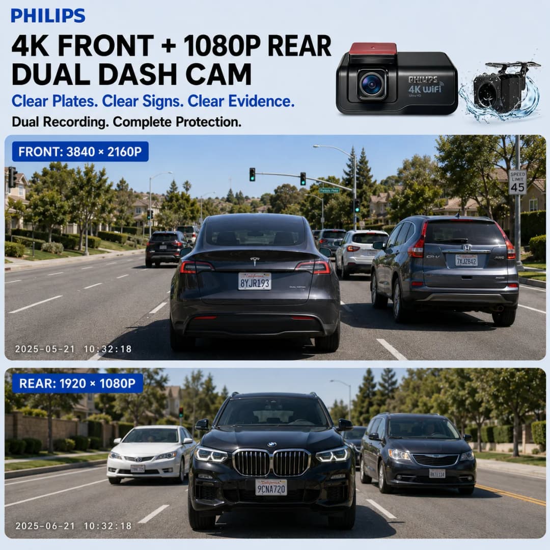 كاميرا سيارة PHILIPS Dash Cam B06 بدقة 4K+1K HDR أمامية وخلفية مقاومة للماء بشاشة 3.15 بوصة IPS واي فاي 2.4G 5.8G تطبيق GPS دعم مراقبة الوقوف 24 ساعة - 2