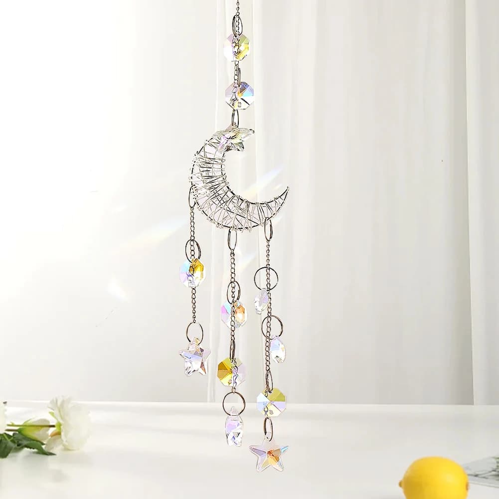 Moon Hanging Crystals Suncatcher Prism Wind Chimes Crescent Star Glass Bead Eye-catching Rainbow Maker Window Pendant Home Decor - 2