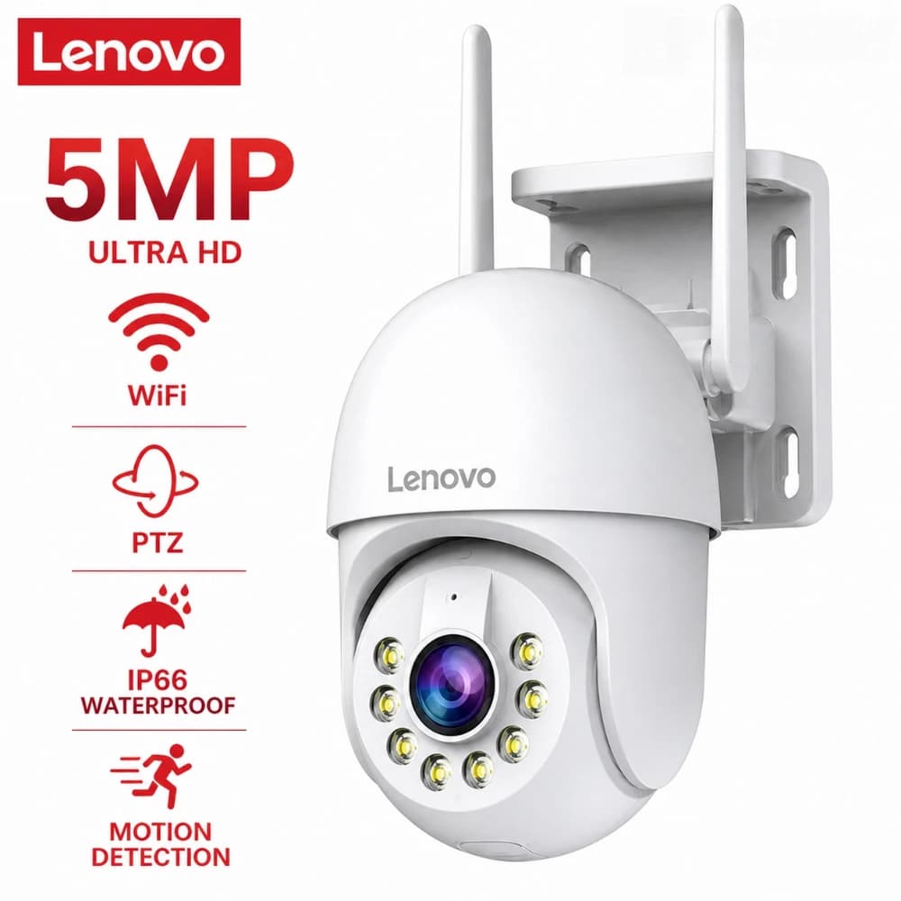 كاميرا Lenovo الذكية بتقنية Wifi PTZ بدقة 5 ميجابكسل، خارجية مع تقريب رقمي 5x، تتبع تلقائي، كاميرا مراقبة أمنية IP CCTV متوافقة مع ONVIF