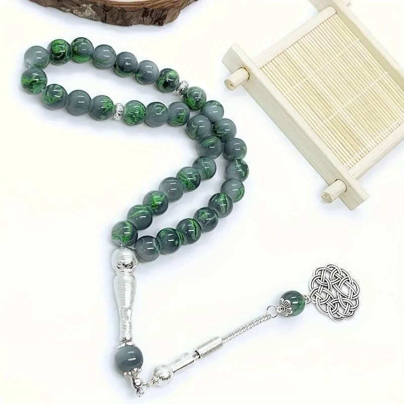 10mm33 أذن واحدة من الزجاج الأخضر نمط حبات المسبحة الإسلامية الصلاة اليومية العربية TASBIH ، أساور الصلاة العصرية للرجال والنساء - 5