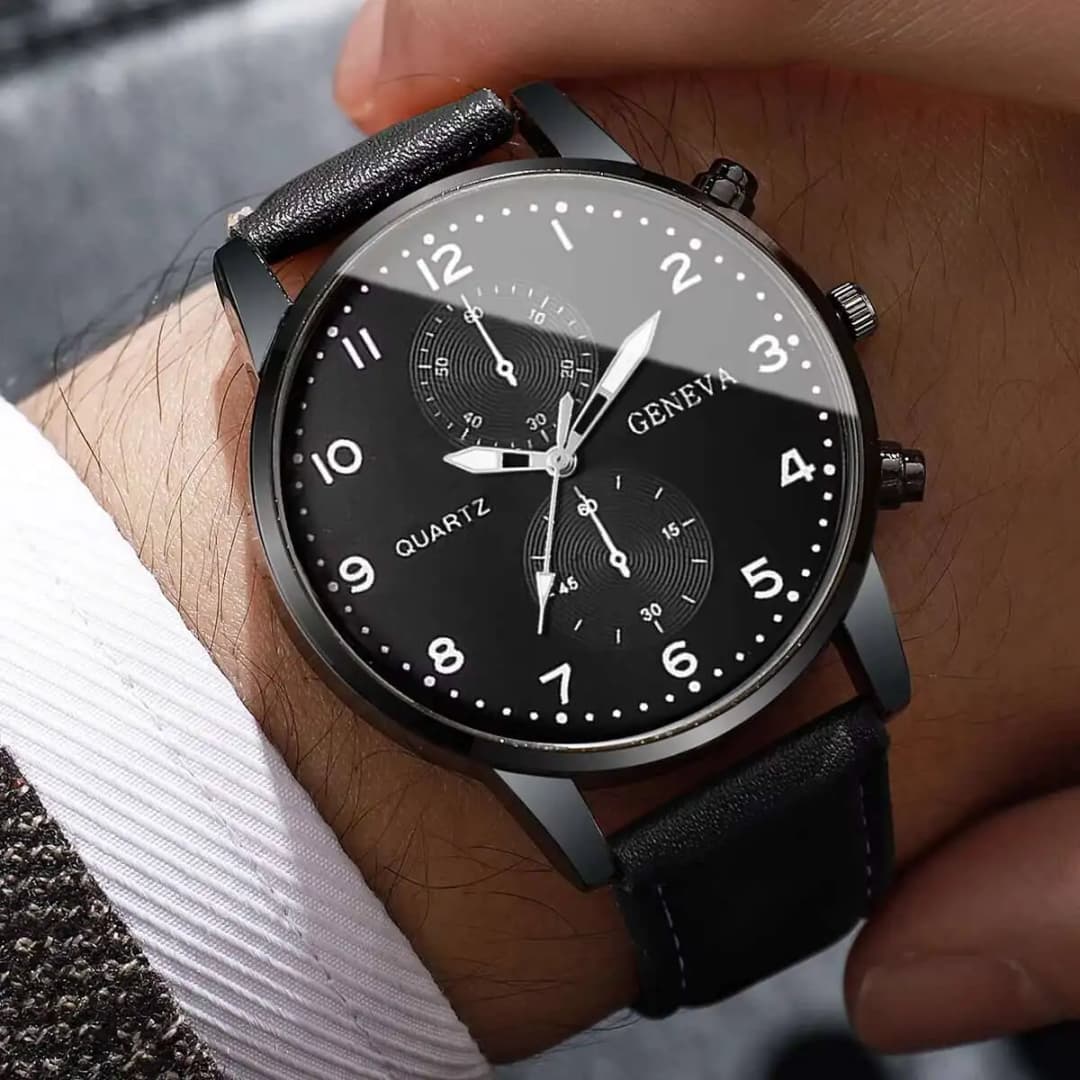 مجموعة ساعات عمل للرجال من قطعتين، ساعة كوارتز تناظرية بحزام جلد أنيق، ريلوج هومبر (بدون علبة) - 2
