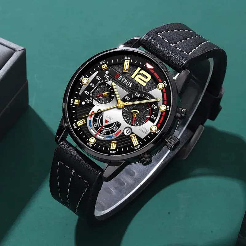 3PCS Set Fashion Mens Watches Luxury Black Leather Quartz Wristwatch Calendar Date Men Business Casual Watch Bracelet Necklace - 4