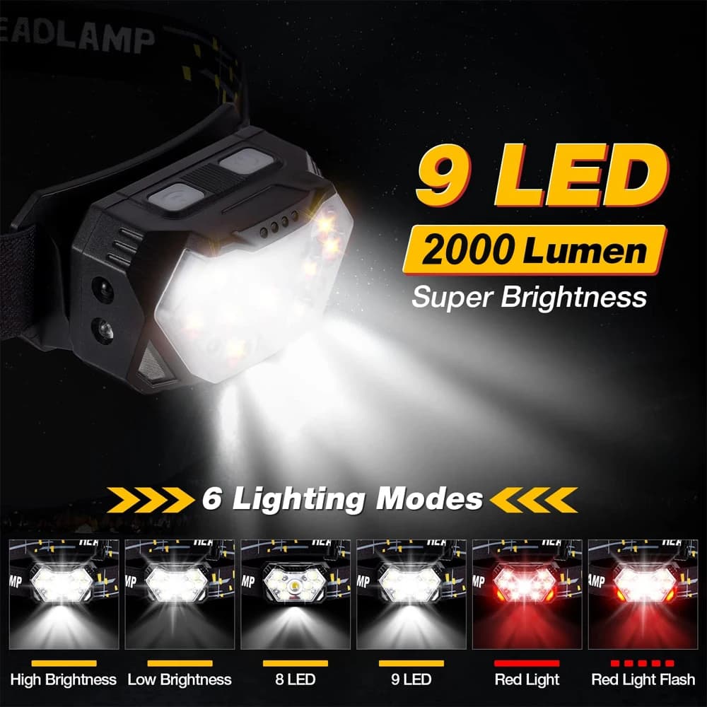 9 Led Strong Light Headlamp USB Rechageable Motion Sensor Headlight Portable Fishing Camping Outdoor Head Lamp Work Flashlight - 2