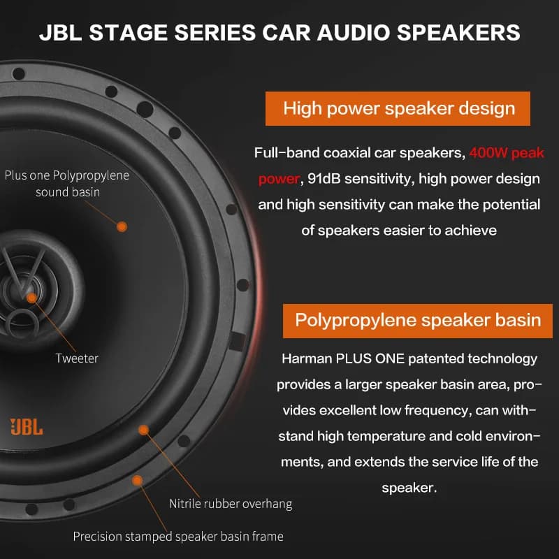 سماعة JBL للسيارة مقاس 6.5 بوصة بقوة 400 واط، سماعة سيارة، سماعة ستيريو كاملة النطاق للترددات العالية والمتوسطة - 2