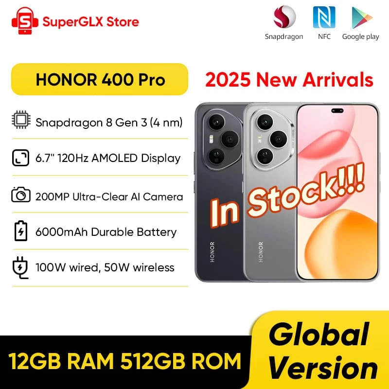 هاتف هونر 400 برو 5G إصدار عالمي أصلي، كاميرا 200 ميجابكسل، معالج سنابدراجون 8 جين 3، شاشة AMOLED 6.7 بوصة، شحن سلكي 100 واط، شحن لاسلكي 50 واط