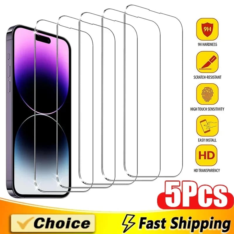 5 قطع زجاج مقوى لـ iPhone 15 13 11 12 14 Pro Max Mini واقي شاشة لـ iPhone 16 17 8 Plus X XR XS MAX زجاج حماية