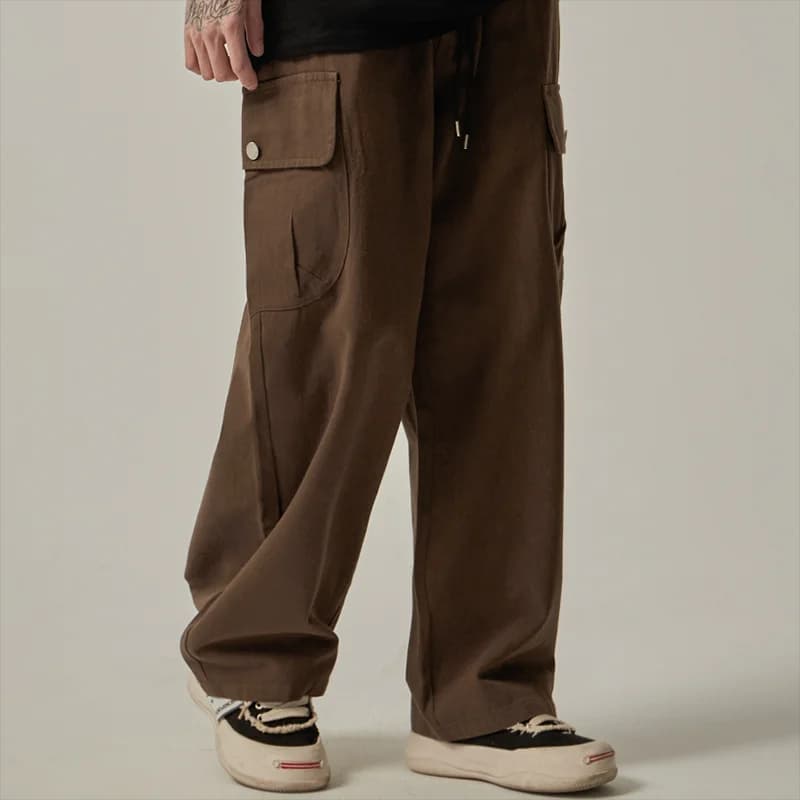 Men's Sweatpants 2025 Spring Autumn Vintage Japanese Wide Leg Straight Loose Button Big Pockets Cargo Pants Drawstring Trousers - 4