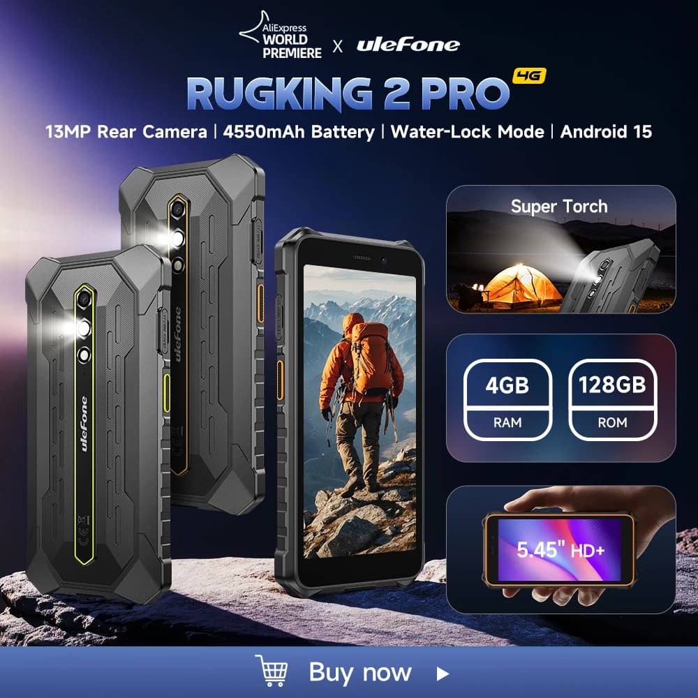 【عرض عالمي】 هاتف Ulefone RugKing 2 Pro AI متين بنظام أندرويد 15 و4G وسعة تخزين 128 جيجابايت ومقاوم للماء وNFC وشاشة 5.45 بوصة وبطارية 4550 مللي أمبير، نسخة عالمية