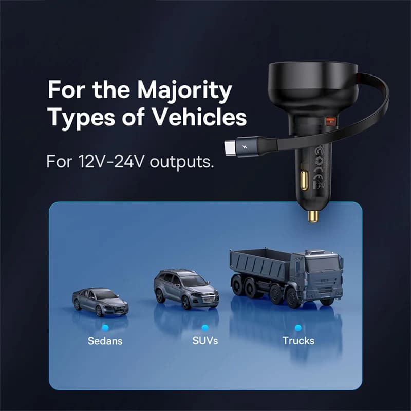 Baseus 60W Car Charger 2 in 1 Retractable Cable SCP 25W QC PD 30W Fast Car Phone Charger For iPad iPhone 16 15 14 13 Pro Samsung - 5