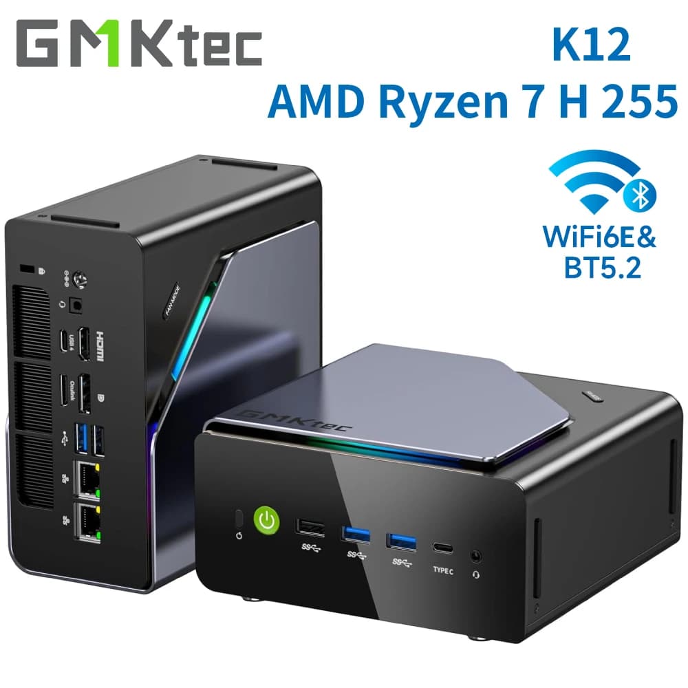 كمبيوتر ألعاب مصغر GMKtec K12، معالج AMD Ryzen 7 H 255 (محدث إلى 8745HS)، كمبيوتر مكتبي مصغر Radeon 780M، Wi-Fi 6E/BT5.2، USB-C، Barebone